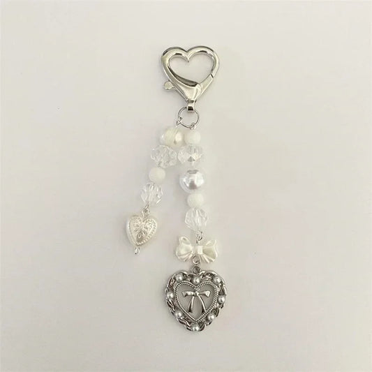 White pearl bow & heart keychain handmade love keychain Lace Heart