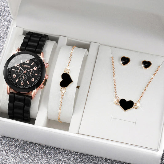 4pcs/set Geneva Fashion Silicone Band Women Quartz Watch & Heart Jewelry Set