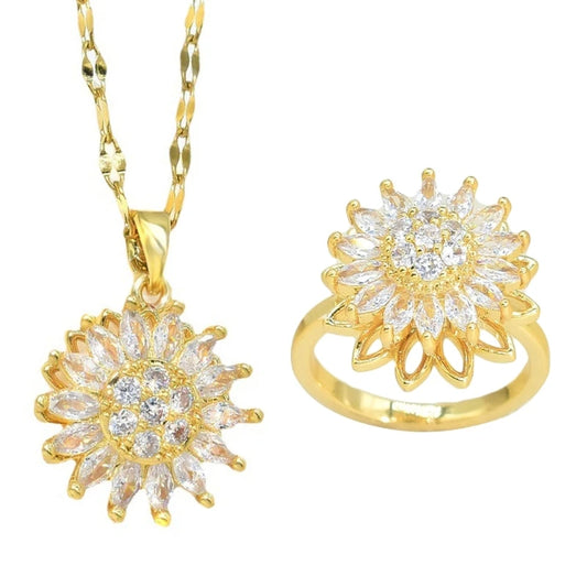 Dainty Zircon Sunflower Pendant Necklace and Ring Jewelry Set