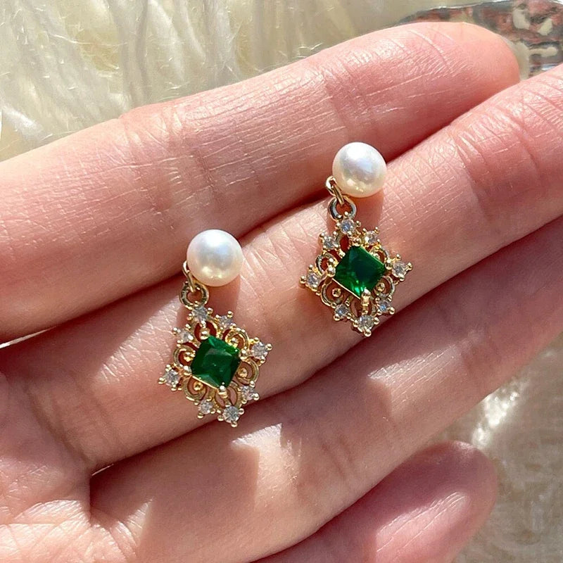 Exquisite Green Cubic Zirconia Drop Earrings for Women Removable Imitation Pearl Jewelry