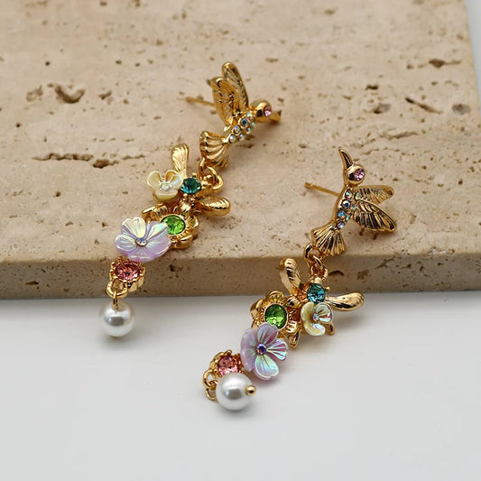 Vintage Hummingbird Flower Long Earrings Exquisite Women Jewelry