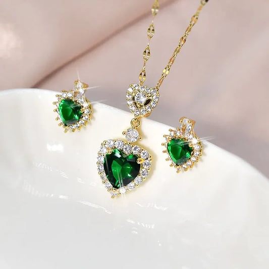 Luxury Heart-shaped Green Zircon Jewelry Sets for Women