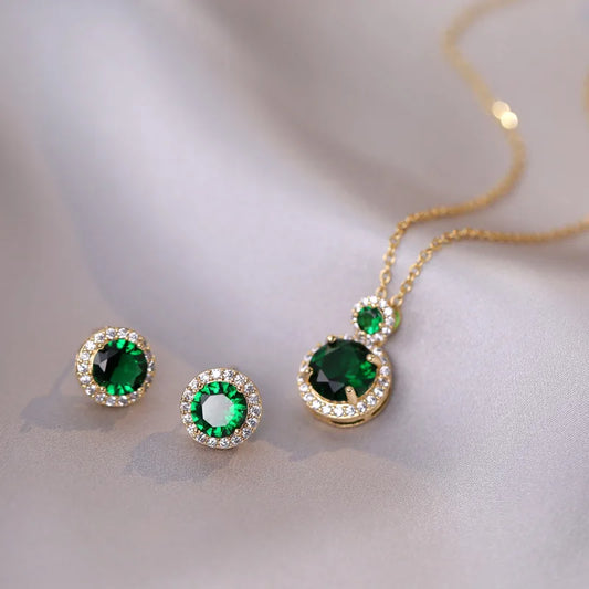 Luxury Fashion Emerald Zircon Round Pendant Necklace Earrings Jewelry Set