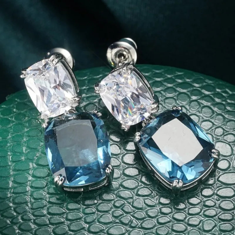 Simple Cushion Cut Blue Zircon Dangle Earrings for Women Girls