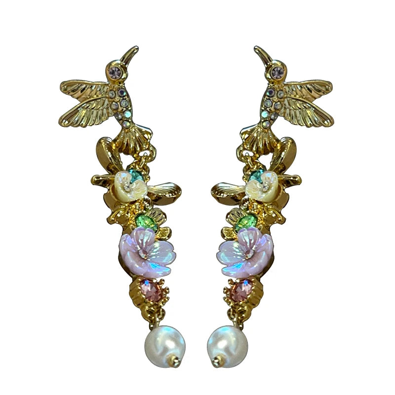 Vintage Hummingbird Flower Long Earrings Exquisite Women Jewelry