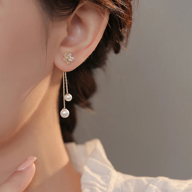 Fashion Luxury Sweet Flower Imitation Pearl Tassel Earrings