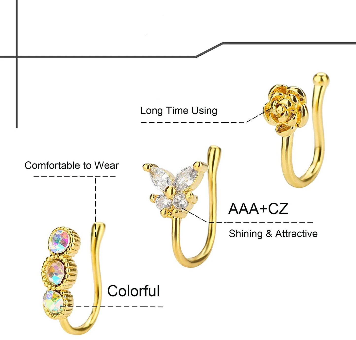 Fake Nose Ring CZ African Nose Cuffs for Non Pierced Nose Gold Plated Clip on Nose Ring