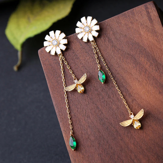 Gold Color Long Zircon Flower & Bee Pendant Drop Earrings