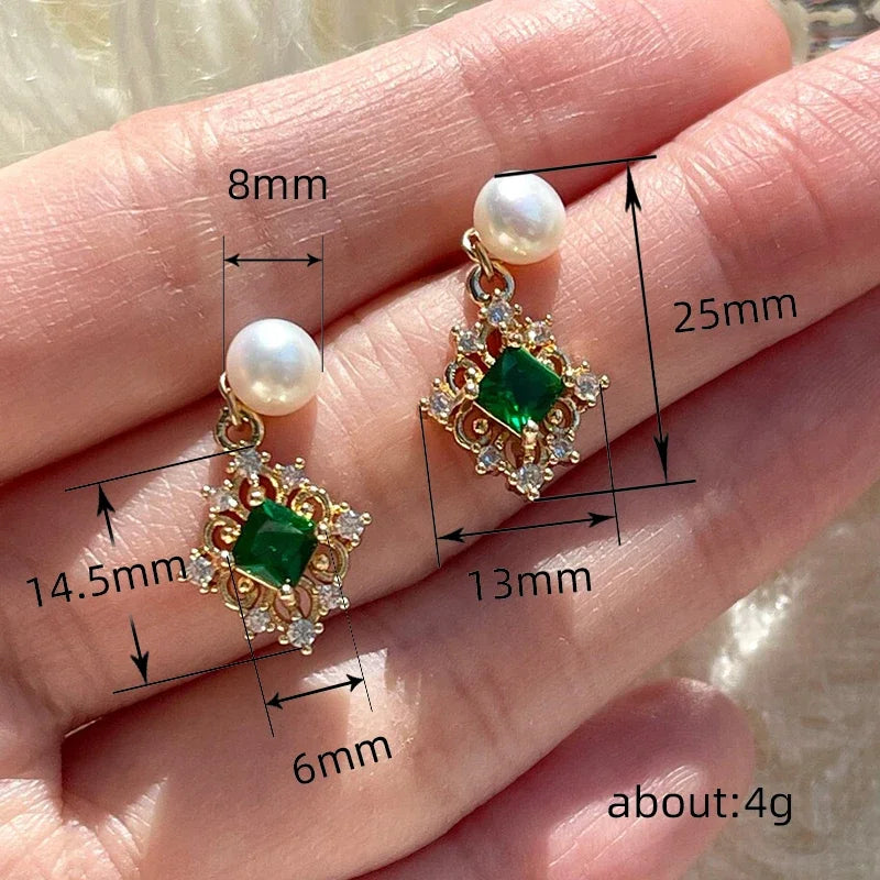 Exquisite Green Cubic Zirconia Drop Earrings for Women Removable Imitation Pearl Jewelry