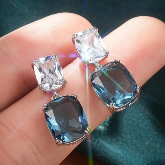 Simple Cushion Cut Blue Zircon Dangle Earrings for Women Girls