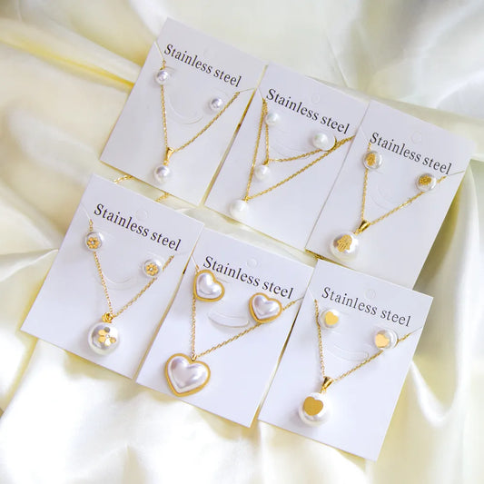 Fashion Pearl Stainless Steel Earring Pendant & Necklace Jewelry Set