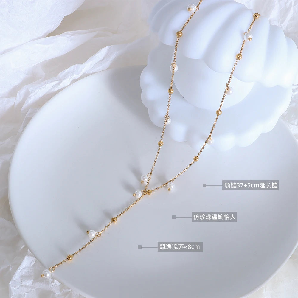 Trendy Long Tassel Pendant Stainless Steel 18K Gold Plated Women's Imitation Pearl Necklace