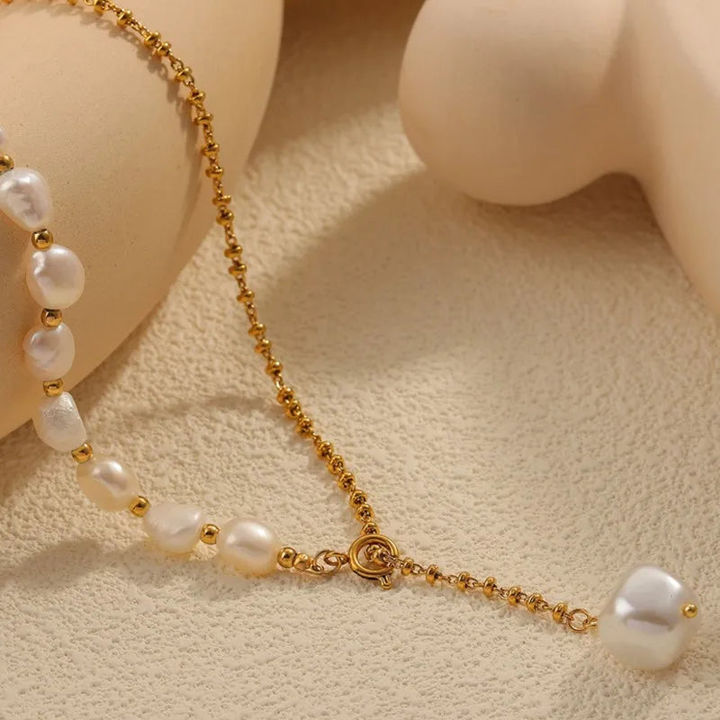 Women's Freshwater Pearl Beads Stainless Steel Gold Plated Waterproof Necklace