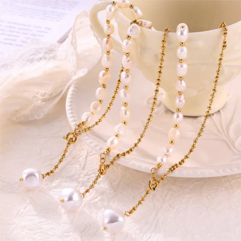 Women's Freshwater Pearl Beads Stainless Steel Gold Plated Waterproof Necklace