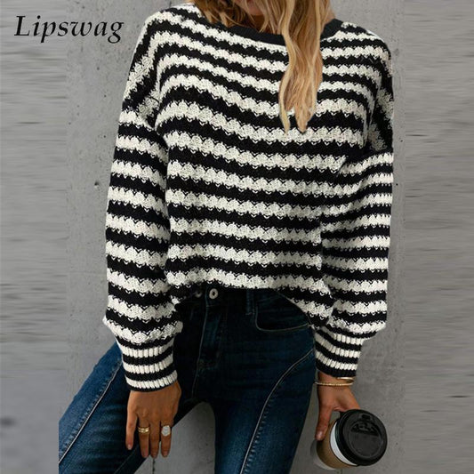 Casual Striped Knitted Sweater Loose Pullover